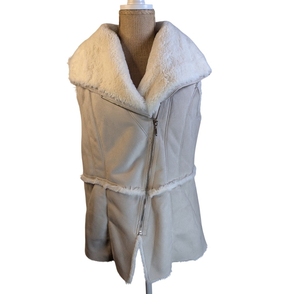White House Black Market Faux Suede Sherpa Lined Vest Beige Zip Cozy‎ Women's M